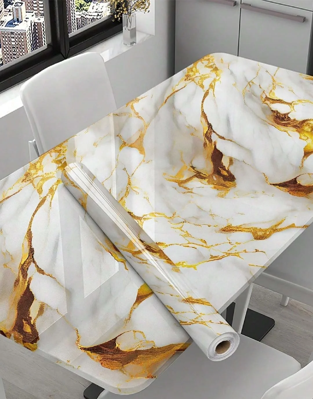 QEZZA Waterproof Self Adhesive Kitchen Wallpaper 60x200cm White Gold Oil Proof Heat Resistant PVC Wall Sticker for Countertop Cabinet Furniture Backsplash Renovation image 2