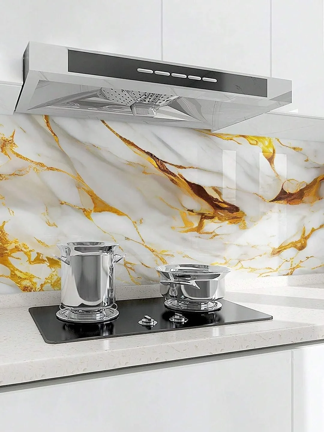 QEZZA Waterproof Self Adhesive Kitchen Wallpaper 60x200cm White Gold Oil Proof Heat Resistant PVC Wall Sticker for Countertop Cabinet Furniture Backsplash Renovation image 3