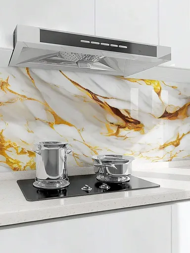 QEZZA Waterproof Self Adhesive Kitchen Wallpaper 60x200cm White Gold Oil Proof Heat Resistant PVC Wall Sticker for Countertop Cabinet Furniture Backsplash Renovation thumbnail 2