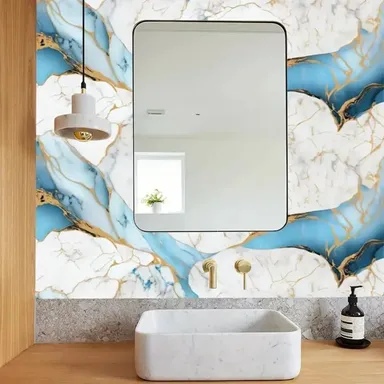 Sky Blue Marble Peel and Stick Wallpaper 60x200 cm Self Adhesive Waterproof Vinyl Contact Paper with Gold Veins for Kitchen Countertop Cabinets Furniture Wall Decor Oil Proof Removable thumbnail 1