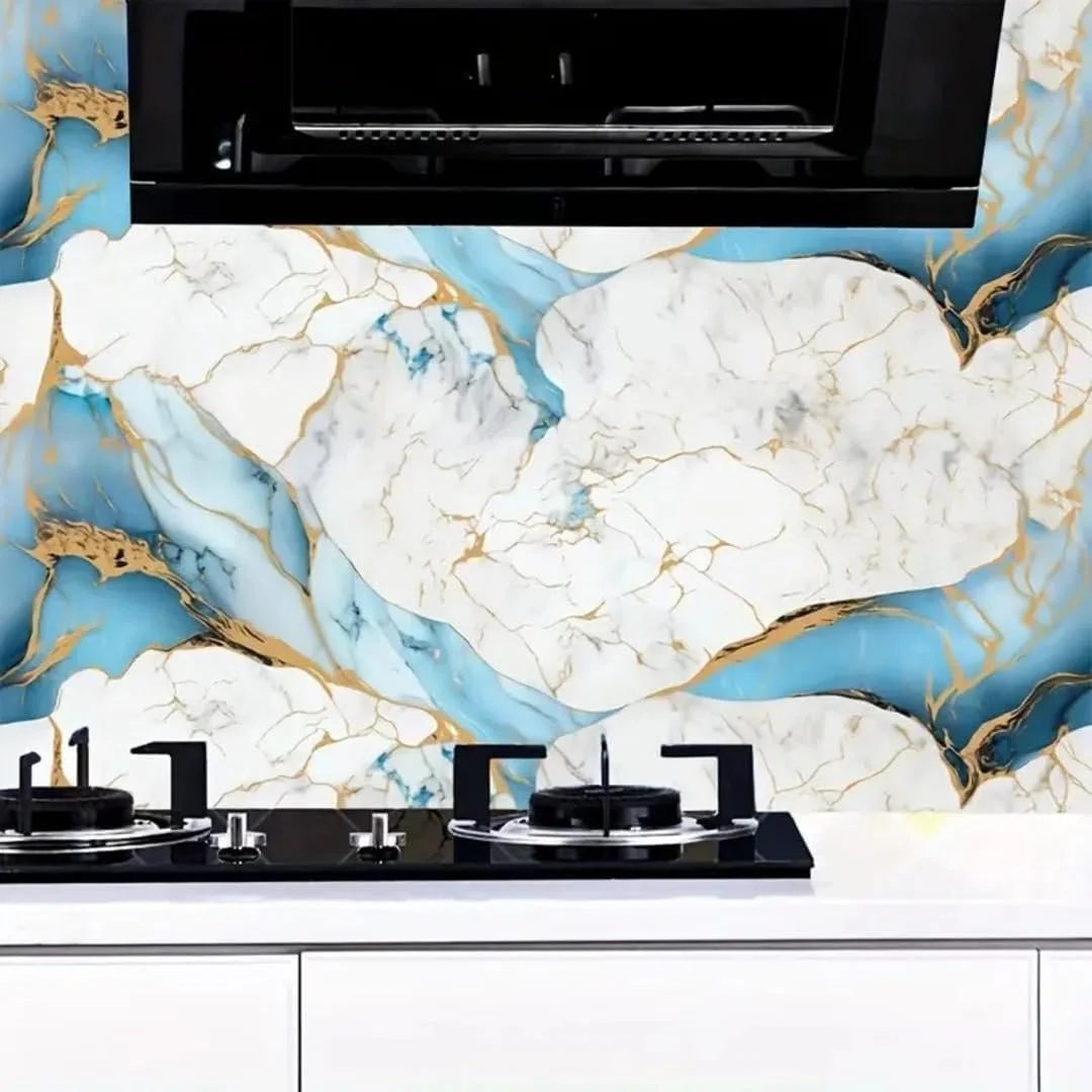 Sky Blue Marble Peel and Stick Wallpaper 60x200 cm Self Adhesive Waterproof Vinyl Contact Paper with Gold Veins for Kitchen Countertop Cabinets Furniture Wall Decor Oil Proof Removable image 3