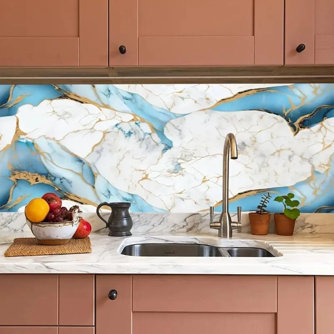 Sky Blue Marble Peel and Stick Wallpaper 60x200 cm Self Adhesive Waterproof Vinyl Contact Paper with Gold Veins for Kitchen Countertop Cabinets Furniture Wall Decor Oil Proof Removable image 4
