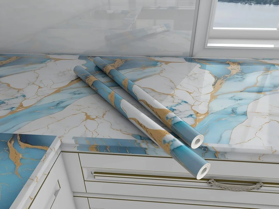 Sky Blue Marble Peel and Stick Wallpaper 60x200 cm Self Adhesive Waterproof Vinyl Contact Paper with Gold Veins for Kitchen Countertop Cabinets Furniture Wall Decor Oil Proof Removable image 1