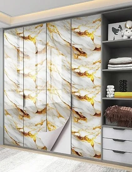 QEZZA Marble Pattern Self Adhesive Wallpaper Roll 60x200 cm Gold White Waterproof Peel and Stick Contact Paper for Kitchen Cabinet Countertop Table Shelf Heat Resistant Oil Proof Vinyl Film image 2