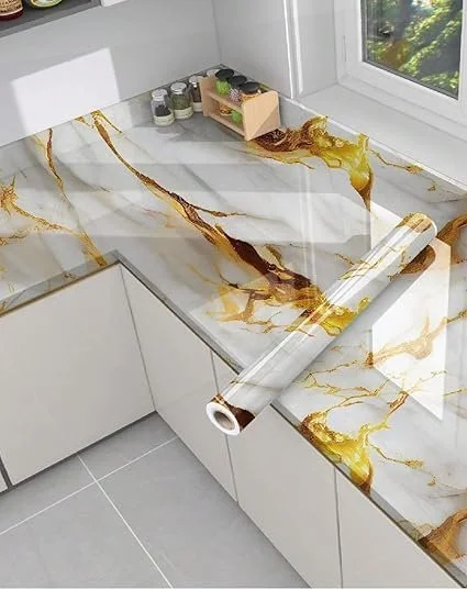 QEZZA Marble Pattern Self Adhesive Wallpaper Roll 60x200 cm Gold White Waterproof Peel and Stick Contact Paper for Kitchen Cabinet Countertop Table Shelf Heat Resistant Oil Proof Vinyl Film image 1