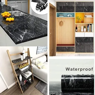Black Marble Self Adhesive Kitchen Wallpaper 60x200 cm Oil Proof Waterproof Heat Resistant PVC Contact Paper for Cabinets Countertop Wall Sticker Removable Peel and Stick Foil Roll thumbnail 3