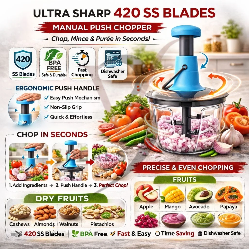 V3Deals Manual Push Chopper with 420 Stainless Steel Blades, 650ml Capacity, Dishwasher Safe, BPA Free Food Processor for Vegetables, Fruits, Salads (650ml) image 2