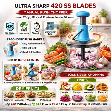 V3Deals Manual Push Chopper with 420 Stainless Steel Blades, 650ml Capacity, Dishwasher Safe, BPA Free Food Processor for Vegetables, Fruits, Salads (650ml) thumbnail 1