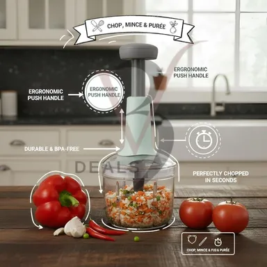 V3Deals Manual Push Chopper with 420 Stainless Steel Blades, 650ml Capacity, Dishwasher Safe, BPA Free Food Processor for Vegetables, Fruits, Salads (650ml) thumbnail 3