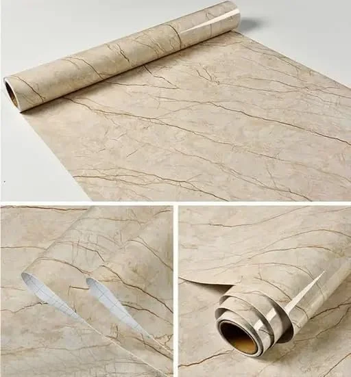 Cream Marble PVC Self Adhesive Kitchen Wallpaper 60x200 cm Oil Proof Waterproof Marble Contact Paper Roll for Kitchen Cabinets Bathroom Walls Countertop Furniture Wall Sticker image 3