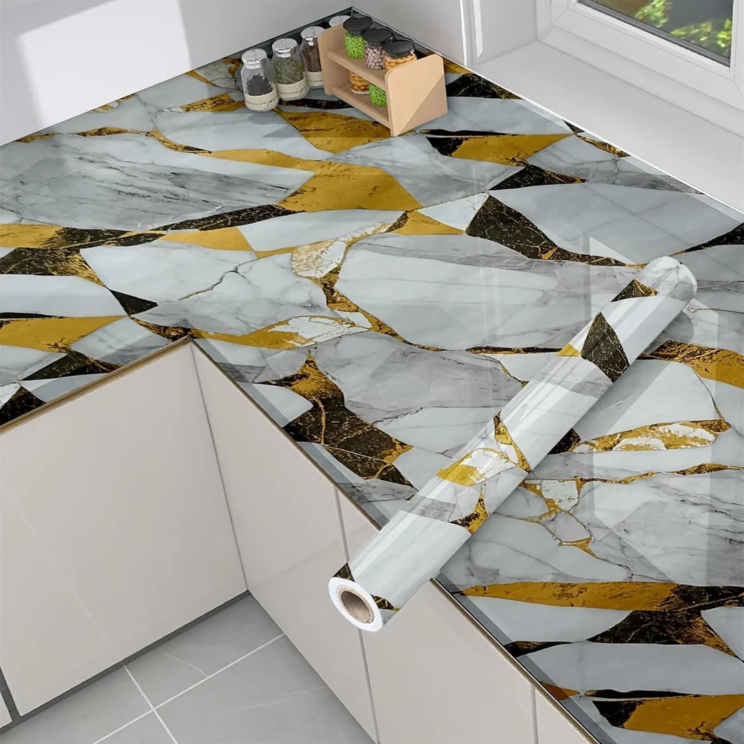 QEZZA PVC Self Adhesive Waterproof Oil Proof Heat Resistant Kitchen Wall Tiles Sticker Wallpaper Roll for Home Kitchen Bathroom Bedroom Living Room Shop Counter Backsplash Decor 60x200 cm image 1