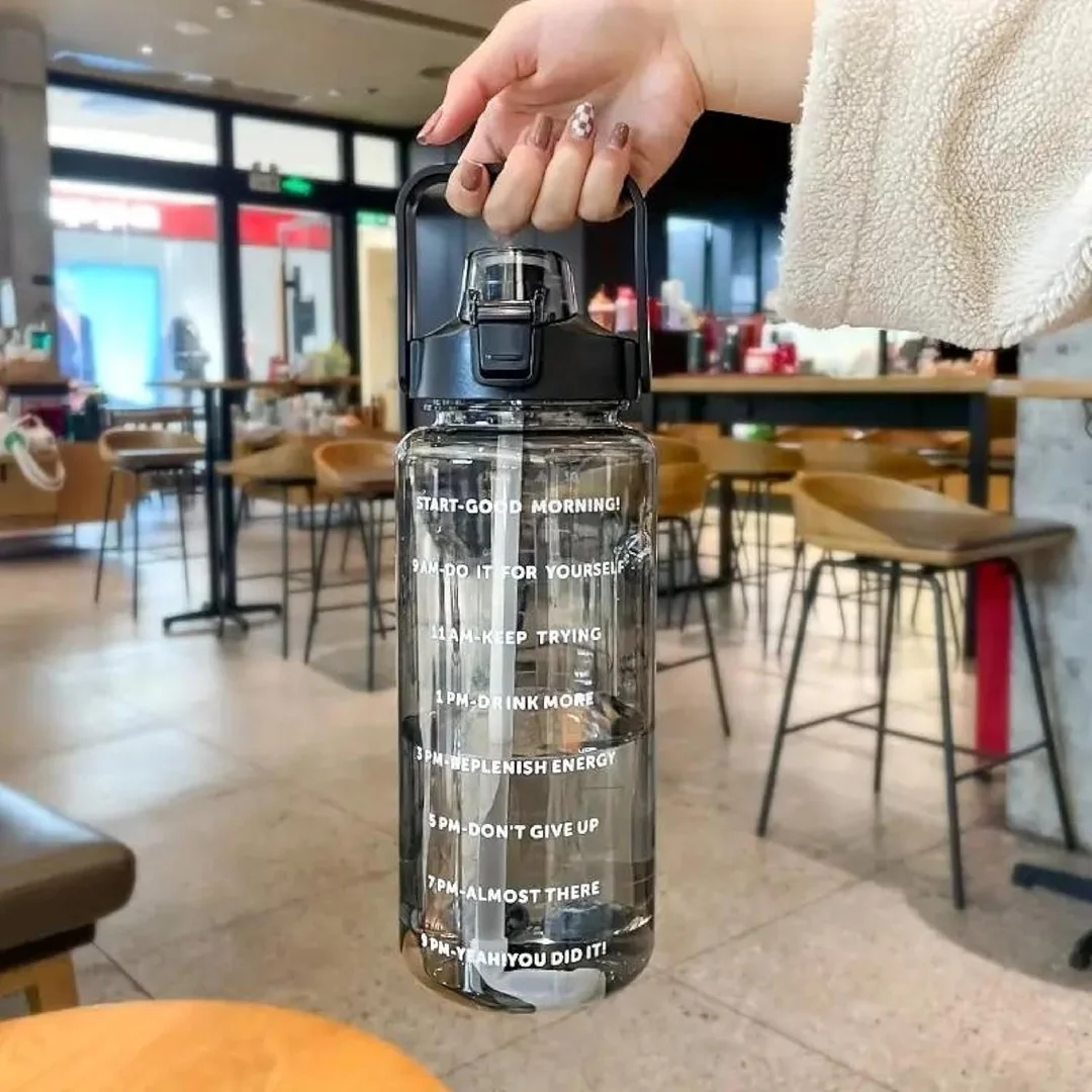 AQUIRA 2L Motivational Water Bottle with Time Marker Leak Proof Break Proof BPA Free Fitness Gym Sports Bottle with Straw Handle Large 2000ml Hydration Bottle for Office School Travel image 1