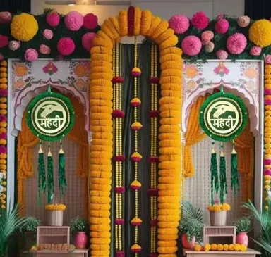 Mehandi Ceremony Decoration Hangings Traditional Wedding Wall Decor Photo Booth Props Haldi Mehndi Backdrop Hanging Set Reusable Festive Decor Indian Bridal Function Accessories thumbnail 1