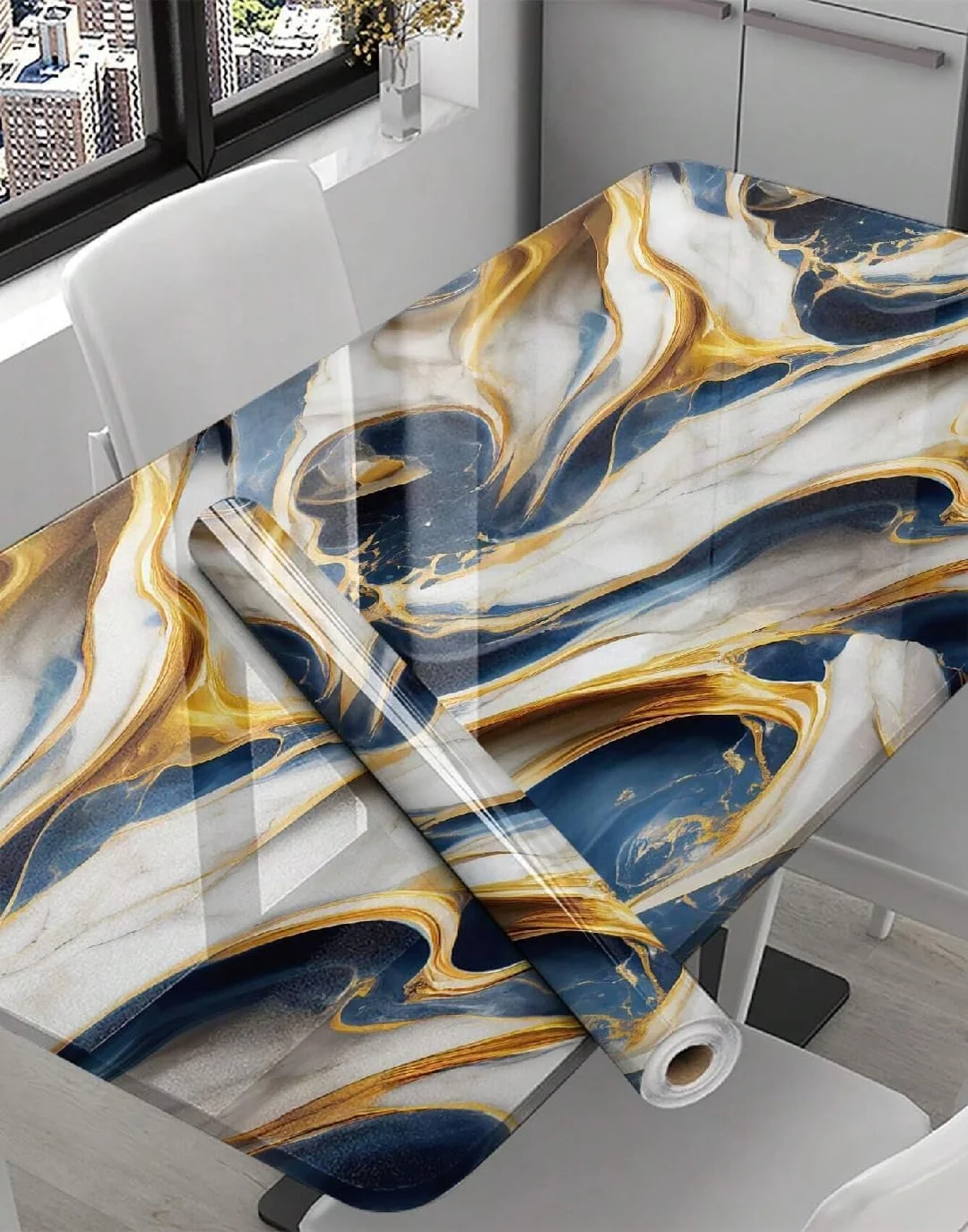 Luxury Marble Pattern Waterproof Table Cover Blue Gold Abstract Design PVC Tablecloth for Dining Table Coffee Table Center Table Modern Home Decor Spill Proof Stain Resistant Washable Table Protector image 1