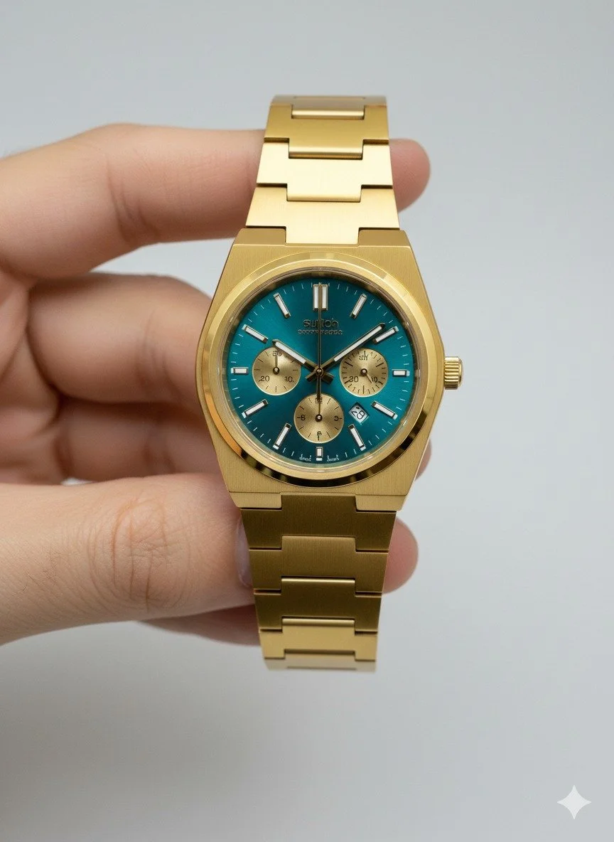 Luxury Gold Stainless Steel Chronograph Wrist Watch for Men and Women with Teal Blue Dial, Analog Quartz Movement, Date Display, Waterproof Fashion Bracelet Watch image 1