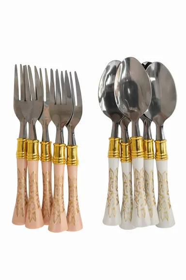Luxury Stainless Steel Spoon & Fork Set with Gold Plated Floral Handles Premium Designer Cutlery Set for Dining Table Kitchen Wedding Gift Set Reusable Rust Resistant Flatware India thumbnail 1