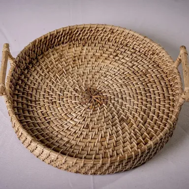 ADMIRATION Handwoven Rattan Round Serving Tray 34cm Decorative Breakfast Tea Coffee Snack Tray for Dining Table Kitchen Home Decor Wedding Birthday Party Gift Basket thumbnail 2
