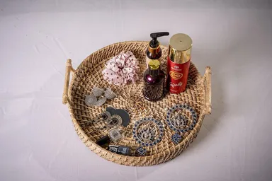 ADMIRATION Handwoven Rattan Round Serving Tray 34cm Decorative Breakfast Tea Coffee Snack Tray for Dining Table Kitchen Home Decor Wedding Birthday Party Gift Basket thumbnail 3