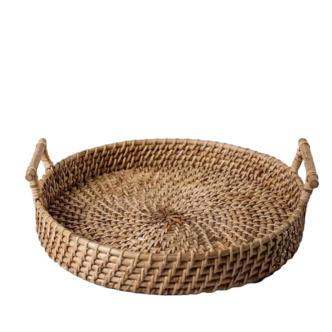 ADMIRATION Handwoven Rattan Round Serving Tray 34cm Decorative Breakfast Tea Coffee Snack Tray for Dining Table Kitchen Home Decor Wedding Birthday Party Gift Basket image 1