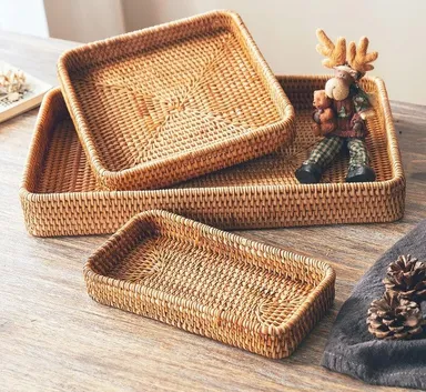 Assam Admiration Handwoven Natural Cane Square Serving Tray Beige Rattan Wicker Multipurpose Table Tray for Tea Coffee Snacks Dining Decor Storage Organiser thumbnail 2