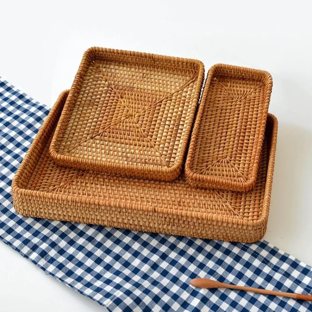 Assam Admiration Handwoven Natural Cane Square Serving Tray Beige Rattan Wicker Multipurpose Table Tray for Tea Coffee Snacks Dining Decor Storage Organiser image 1