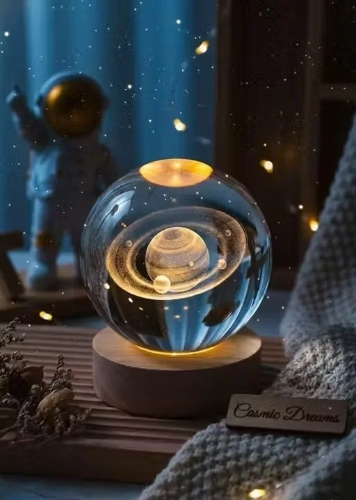 Celestial Duo 3D Moon Saturn Crystal Ball Lamp Pack of 2 LED Night Light with Wooden Base USB Galaxy Planet Lamp for Bedroom Decor Gift India image 2