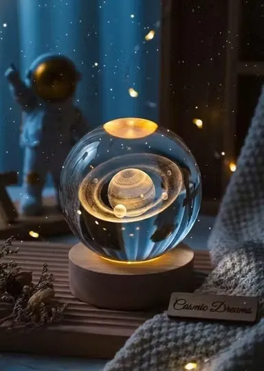 Celestial Duo 3D Moon Saturn Crystal Ball Lamp Pack of 2 LED Night Light with Wooden Base USB Galaxy Planet Lamp for Bedroom Decor Gift India thumbnail 1