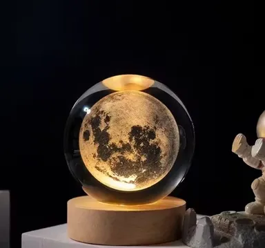 Celestial Duo 3D Moon Saturn Crystal Ball Lamp Pack of 2 LED Night Light with Wooden Base USB Galaxy Planet Lamp for Bedroom Decor Gift India thumbnail 2