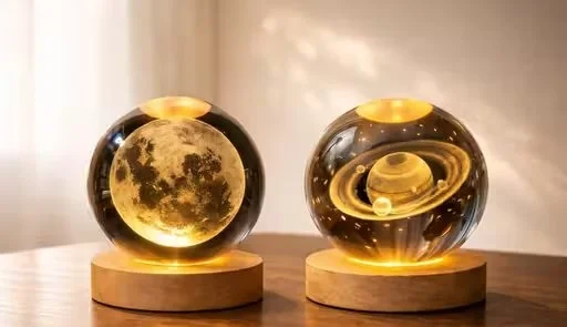 Celestial Duo 3D Moon Saturn Crystal Ball Lamp Pack of 2 LED Night Light with Wooden Base USB Galaxy Planet Lamp for Bedroom Decor Gift India image 1