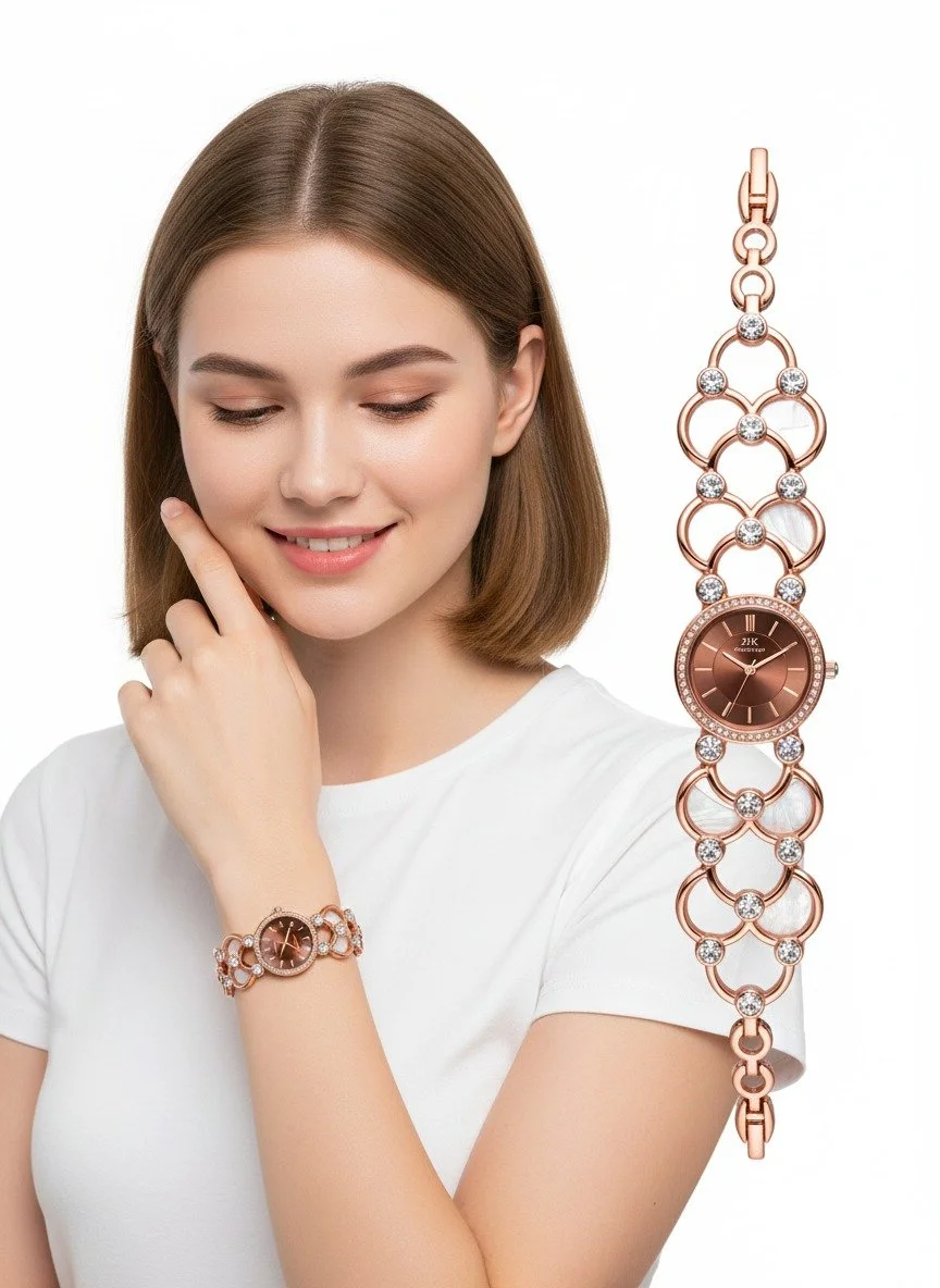 Luxury Rose Gold Women Bracelet Watch with Crystal Studded Floral Link Strap, Elegant Fashion Ladies Wrist Watch Jewellery Style Dial Party Wedding Gift Watch for Women image 1