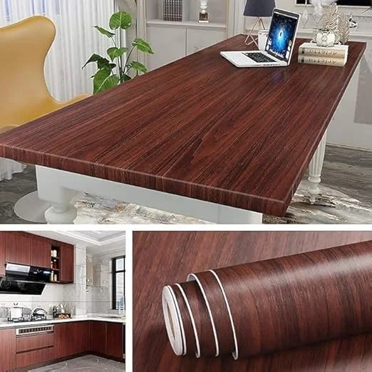Self Adhesive Dark Wooden Wallpaper Roll 60x200 cm PVC Vinyl Peel and Stick Wall Sticker Glossy Waterproof Wallpaper for Kitchen Furniture Cabinet Door Wardrobe Home Office Decor image 3