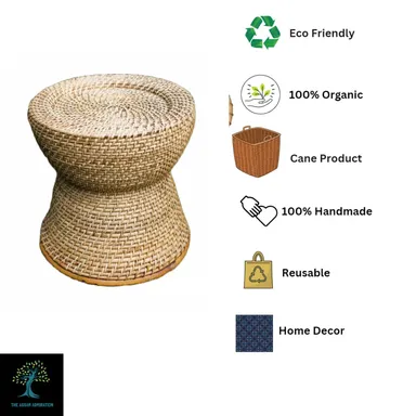 Assam Admiration Natural Cane Rattan Round Stool 35cm Handwoven Backless Seating Mudda for Living Room Balcony Garden Patio Cafe Indoor Outdoor Accent Furniture Beige thumbnail 3