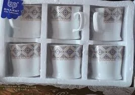 Premium Ceramic Tea Cups Set of 6 with Printed Designer Border, White Coffee Cups Set, Microwave Safe Chai Cups, Durable Kitchen Drinkware Set for Home Office Café Use India image 1