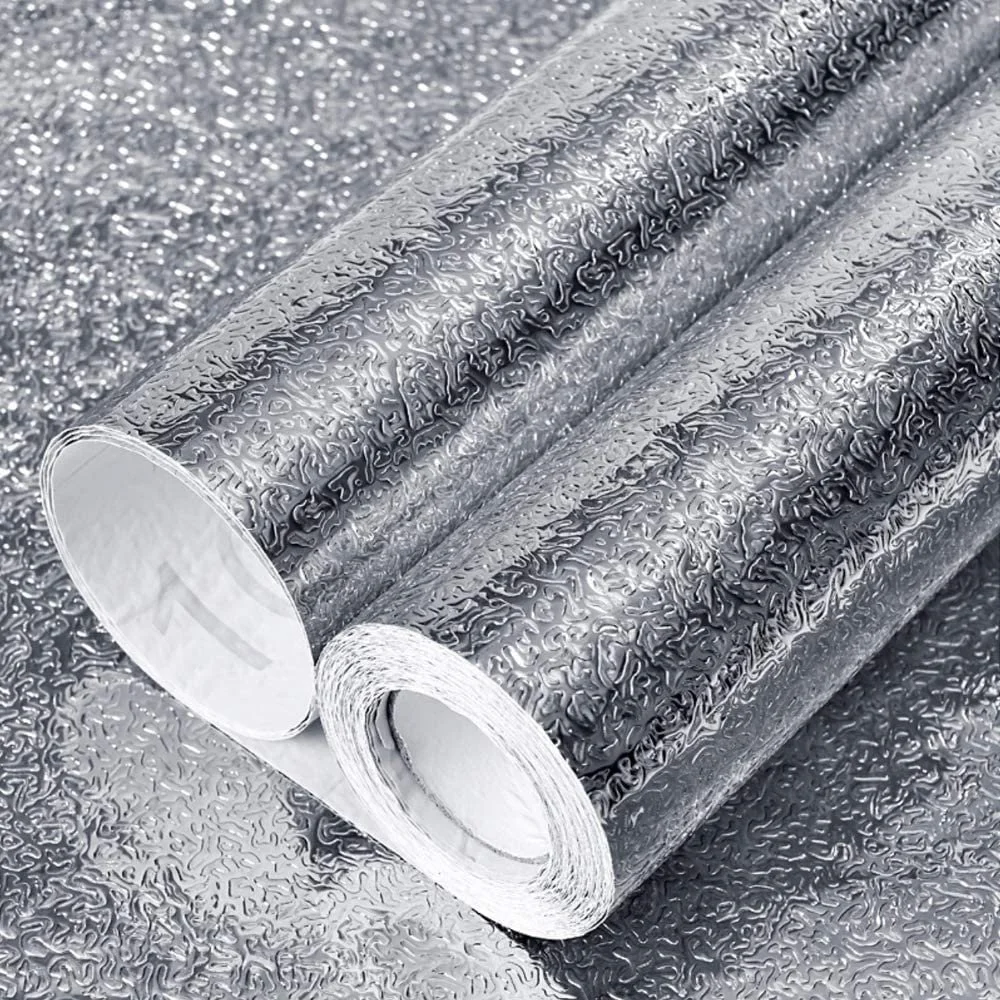 Aluminium Foil Self Adhesive PVC Wallpaper Silver Curly Pattern 60x200cm Heat Resistant Oil Proof Waterproof Peel and Stick Kitchen Wall Cabinet Furniture Decor Sticker image 3