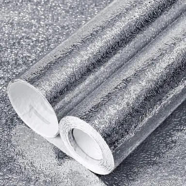 Aluminium Foil Self Adhesive PVC Wallpaper Silver Curly Pattern 60x200cm Heat Resistant Oil Proof Waterproof Peel and Stick Kitchen Wall Cabinet Furniture Decor Sticker thumbnail 2