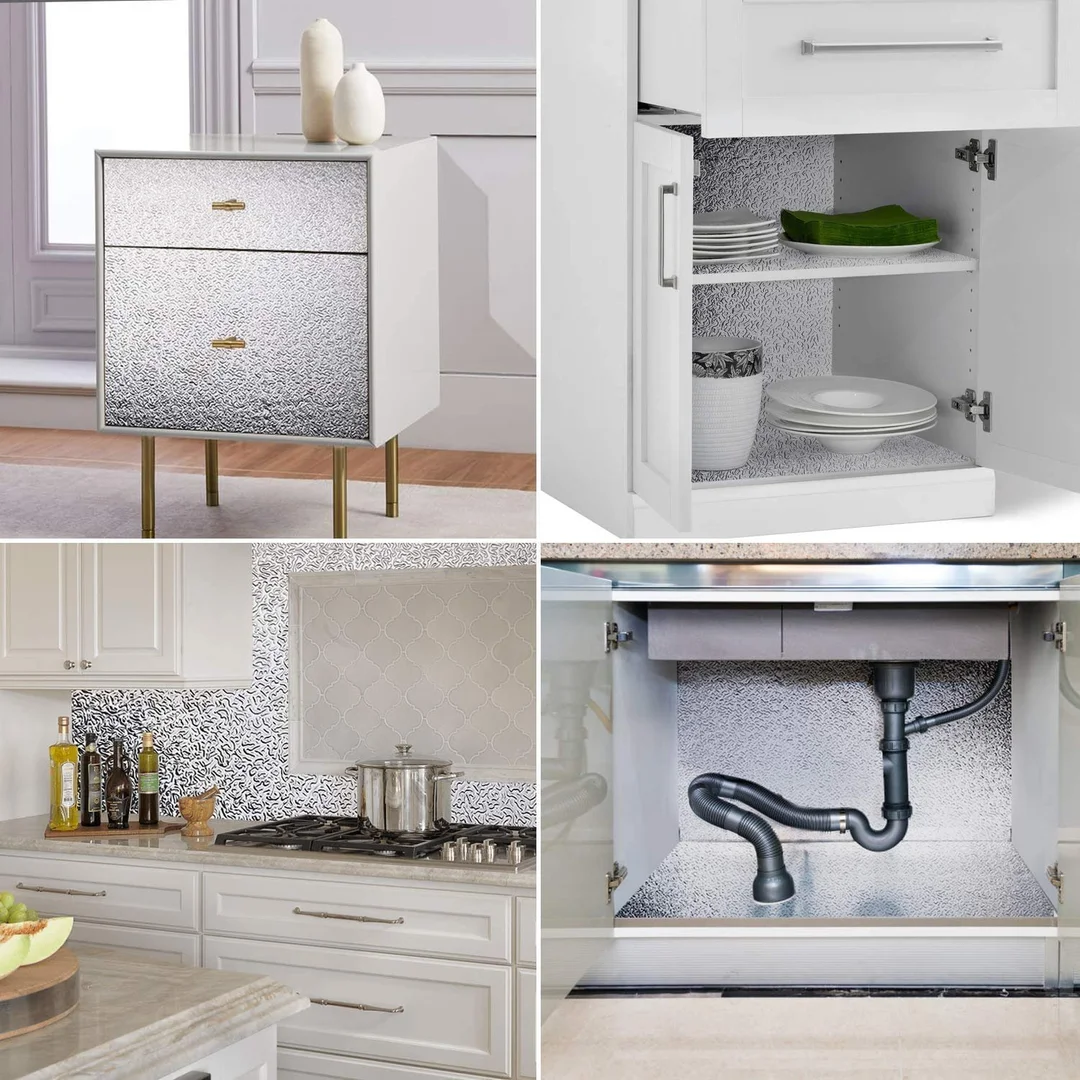 Aluminium Foil Self Adhesive PVC Wallpaper Silver Curly Pattern 60x200cm Heat Resistant Oil Proof Waterproof Peel and Stick Kitchen Wall Cabinet Furniture Decor Sticker image 4