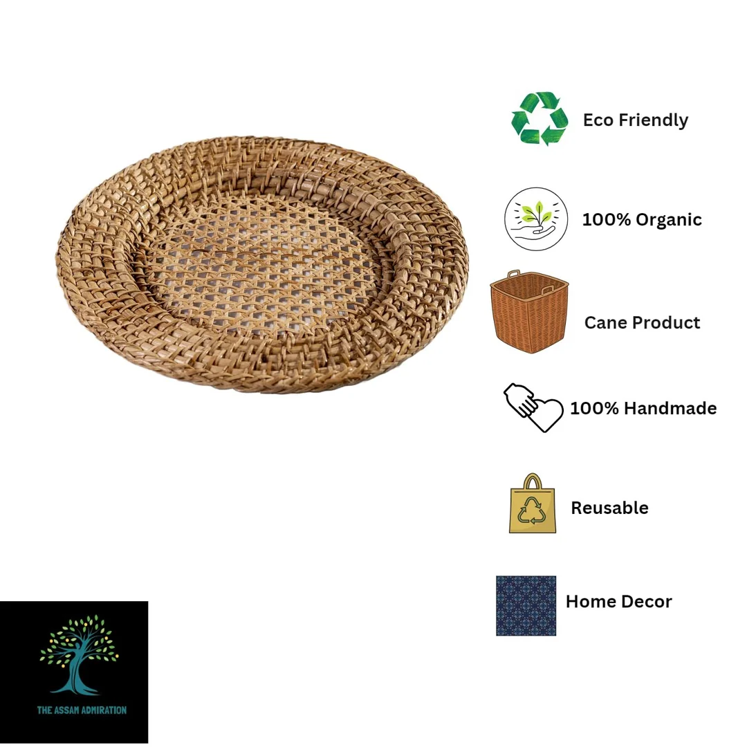 Assam Admiration Handmade Cane Round Serving Tray Decorative Bamboo Wicker Rattan Fruit Snack Platter Table Centrepiece Dining Table Home Decor Gift Wedding Party Breakfast Tray image 4