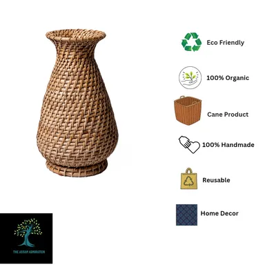 Assam Admiration Handwoven Bamboo Cane Rattan Decorative Flower Vase Pot Stand Natural Rustic Handcrafted Eco Friendly Home Decor Tabletop Centrepiece Gift Item thumbnail 1