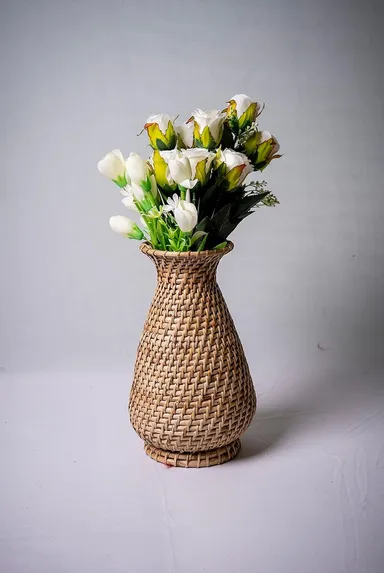 Assam Admiration Handwoven Bamboo Cane Rattan Decorative Flower Vase Pot Stand Natural Rustic Handcrafted Eco Friendly Home Decor Tabletop Centrepiece Gift Item thumbnail 2