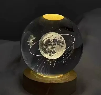 3D Moon Galaxy Crystal Ball LED Night Lamp with Wooden Base USB Powered Romantic Bedroom Light Love Gift for Girlfriend Boyfriend Anniversary Decor Glass Sphere Night Light thumbnail 3