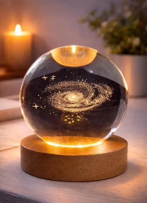 3D Galaxy Crystal Ball LED Night Lamp with Wooden Base USB Powered K9 Glass Moon Light Romantic Bedroom Decor Gift for Girlfriend Boyfriend Couple Anniversary Night Light image 1