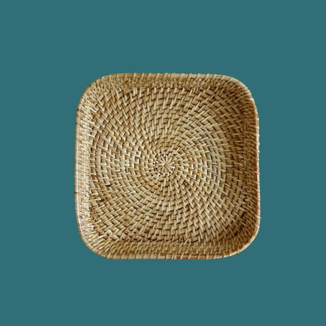 Assam Admiration Handmade Cane Rattan Square Serving Tray Medium Natural Wicker Dining Table Organiser Basket Eco Friendly Home Decor Fruit Bread Storage Tray image 2