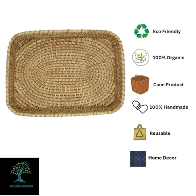 Assam Admiration Handmade Cane Rattan Rectangular Serving Tray Natural Wicker Table Organiser Fruit Snack Tea Coffee Breakfast Tray Rustic Home Decor Dining Table Storage Basket thumbnail 1