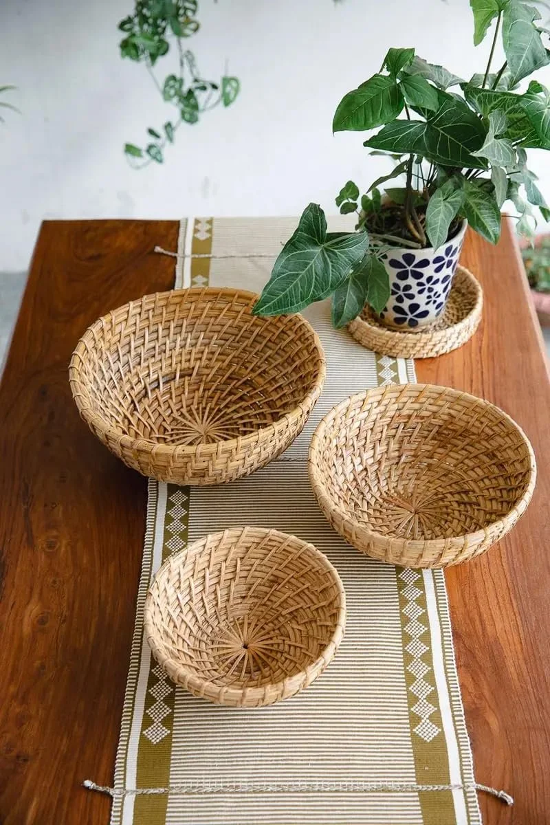 Assam Admiration Handwoven Cane Bowl Set Natural Rattan Wicker Fruit Basket Serving Bowl Table Decor Snack Storage Basket Eco Friendly Handmade Kitchen Dining Accessory image 1