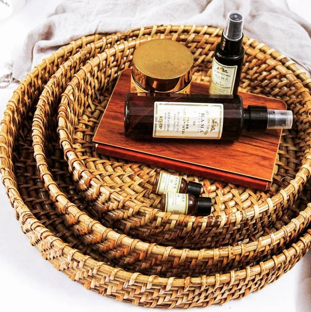 ADMIRATION Handmade Cane Wicker Rattan Bamboo Serving Tray Set for Fruits Drinks Table Decor Wedding Birthday Gift Round Decorative Tray Pack image 2