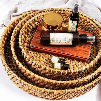 ADMIRATION Handmade Cane Wicker Rattan Bamboo Serving Tray Set for Fruits Drinks Table Decor Wedding Birthday Gift Round Decorative Tray Pack thumbnail 1