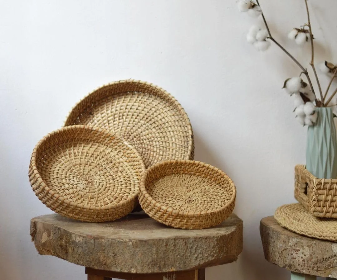 ADMIRATION Handmade Cane Wicker Rattan Bamboo Serving Tray Set for Fruits Drinks Table Decor Wedding Birthday Gift Round Decorative Tray Pack image 3