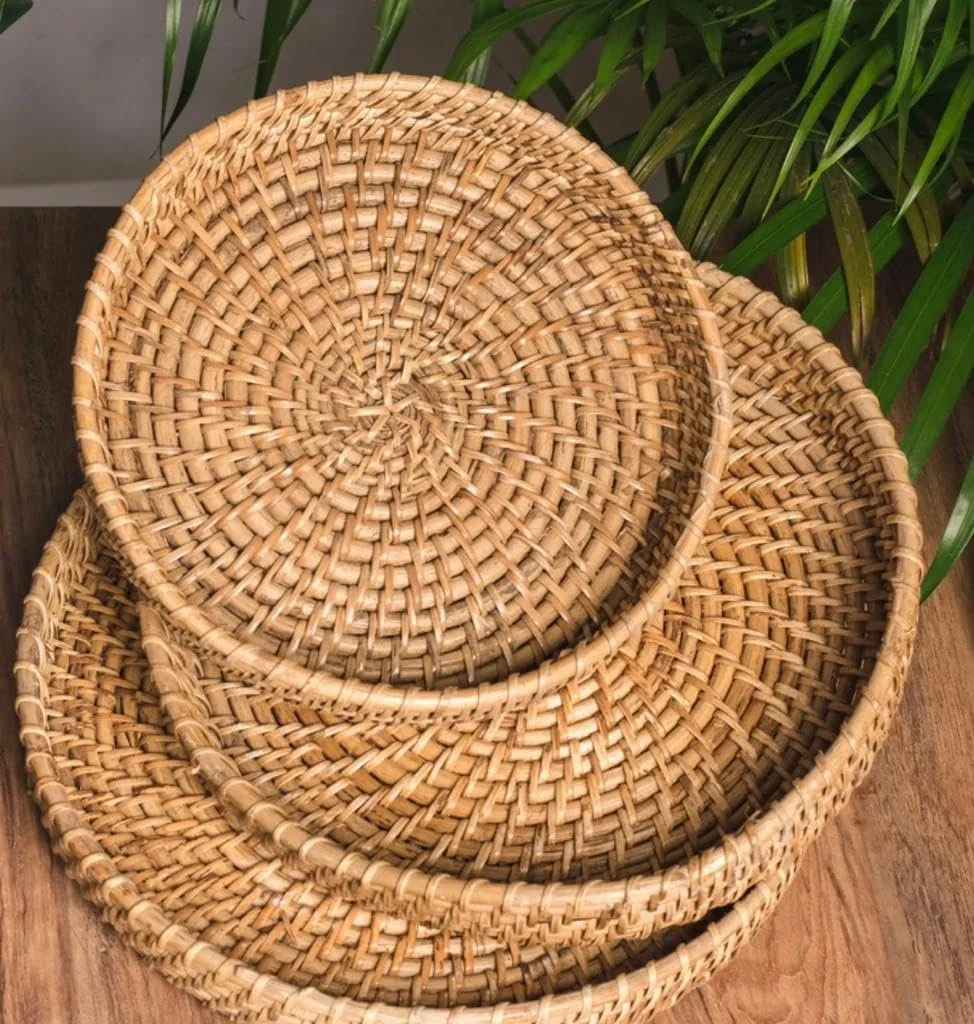 ADMIRATION Handmade Cane Wicker Rattan Bamboo Serving Tray Set for Fruits Drinks Table Decor Wedding Birthday Gift Round Decorative Tray Pack image 4