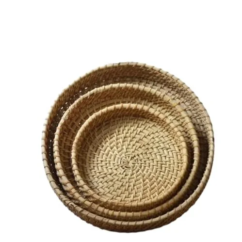 ADMIRATION Handmade Cane Wicker Rattan Bamboo Serving Tray Set for Fruits Drinks Table Decor Wedding Birthday Gift Round Decorative Tray Pack image 1