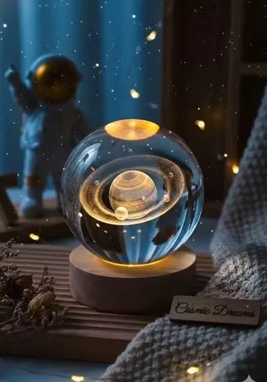 Celestial Duo 3D Moon Saturn Crystal Ball Lamp Set of 2 USB LED Wooden Base Night Light Galaxy Space Decor Gift for Bedroom Home Office India thumbnail 1